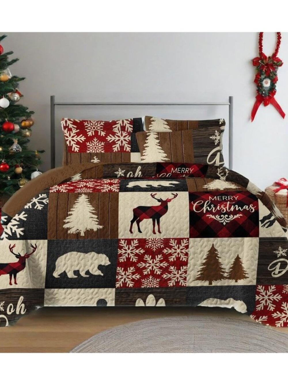 3-Piece Christmas Patchwork Quilt Set King Size Deer Bear Snowflake Pine Tree